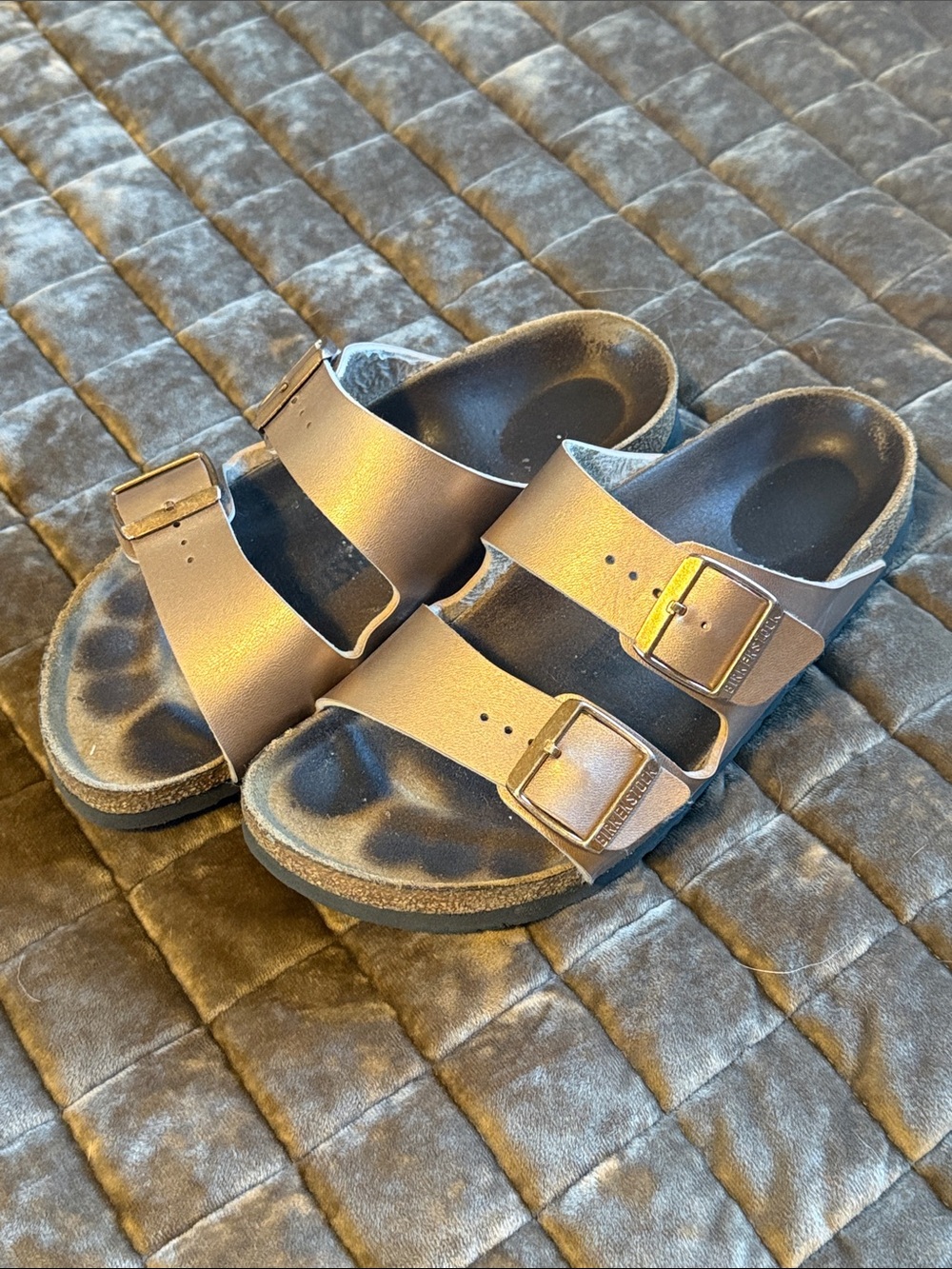 Birkenstock Metallic Rose Gold Two-Strap Arizona Sandals 38